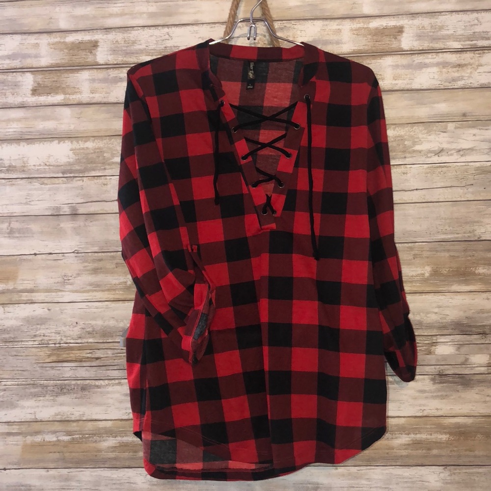 Plaid lace up shirt